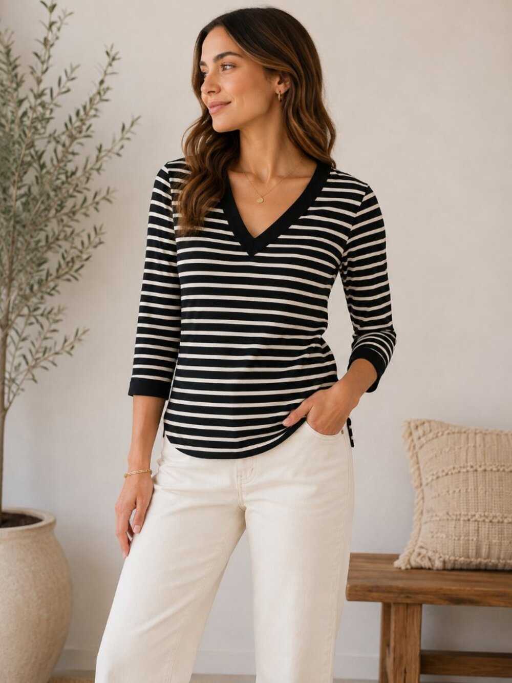 Tommy Hilfiger Women Black Ivory Striped V-Neck 3/4 Sleeve Knit Top Small 1272